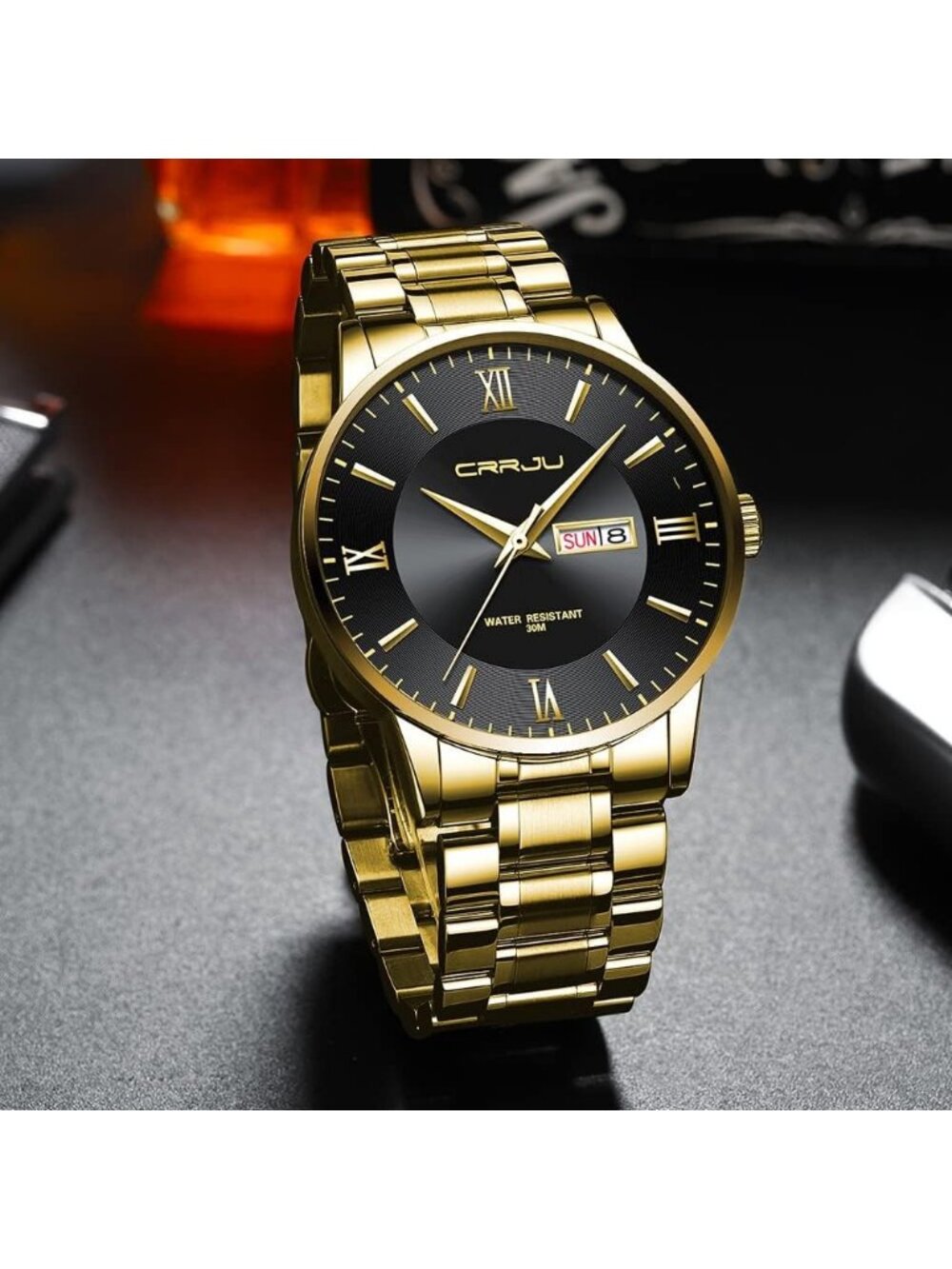 Men's Gold Black Luxury Stainless Steel Chronograph Analog Quartz Round Watch - Picture 3 of 5